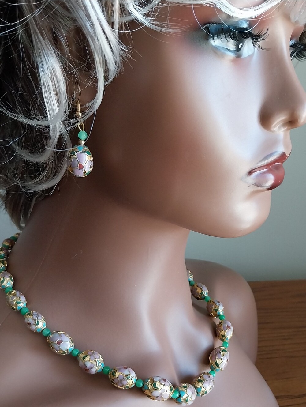 Vintage Purple and Teal Cloisonné Necklace & Earrings Set